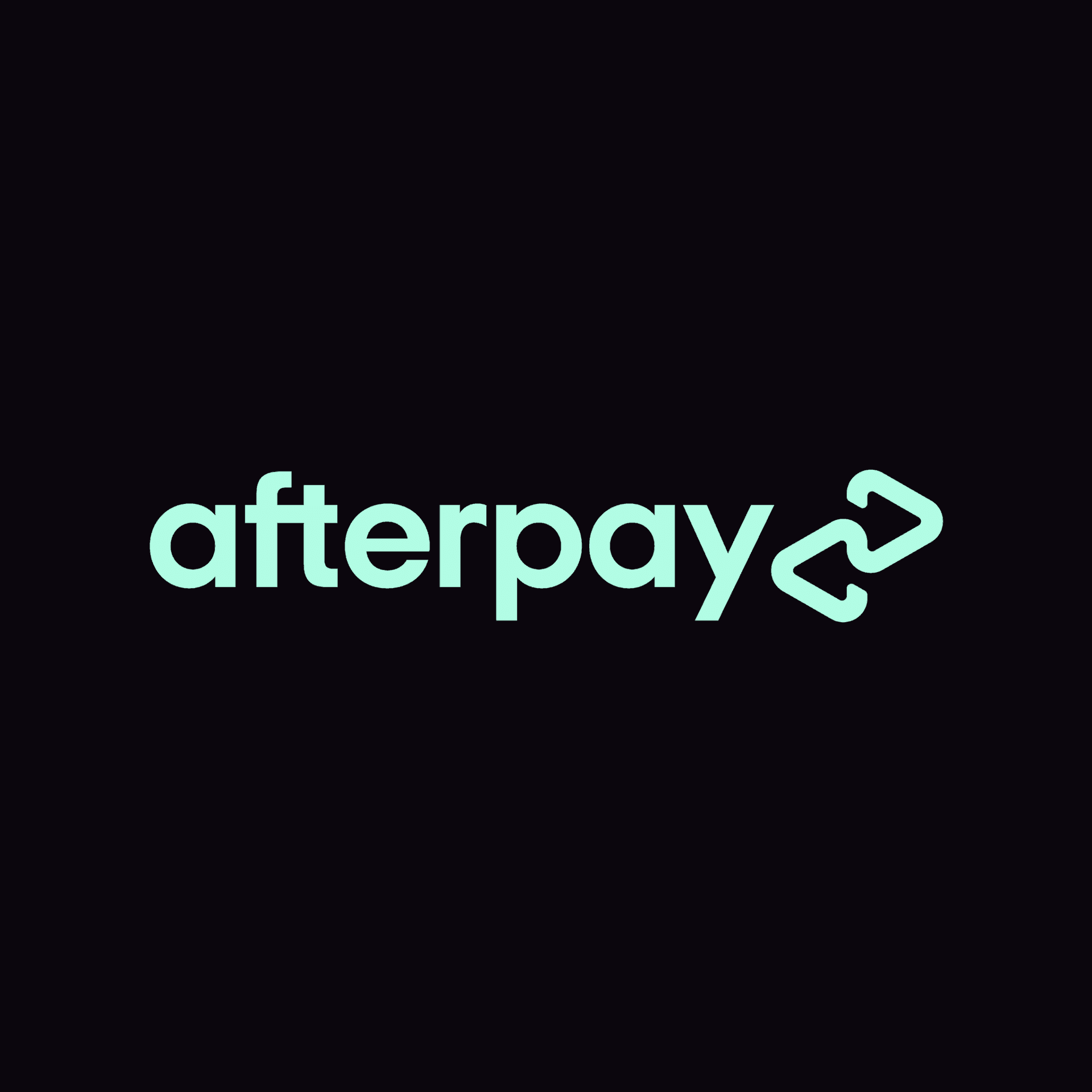 Afterpay logo in light green font against a dark background, featuring a unique intertwined arrow design.