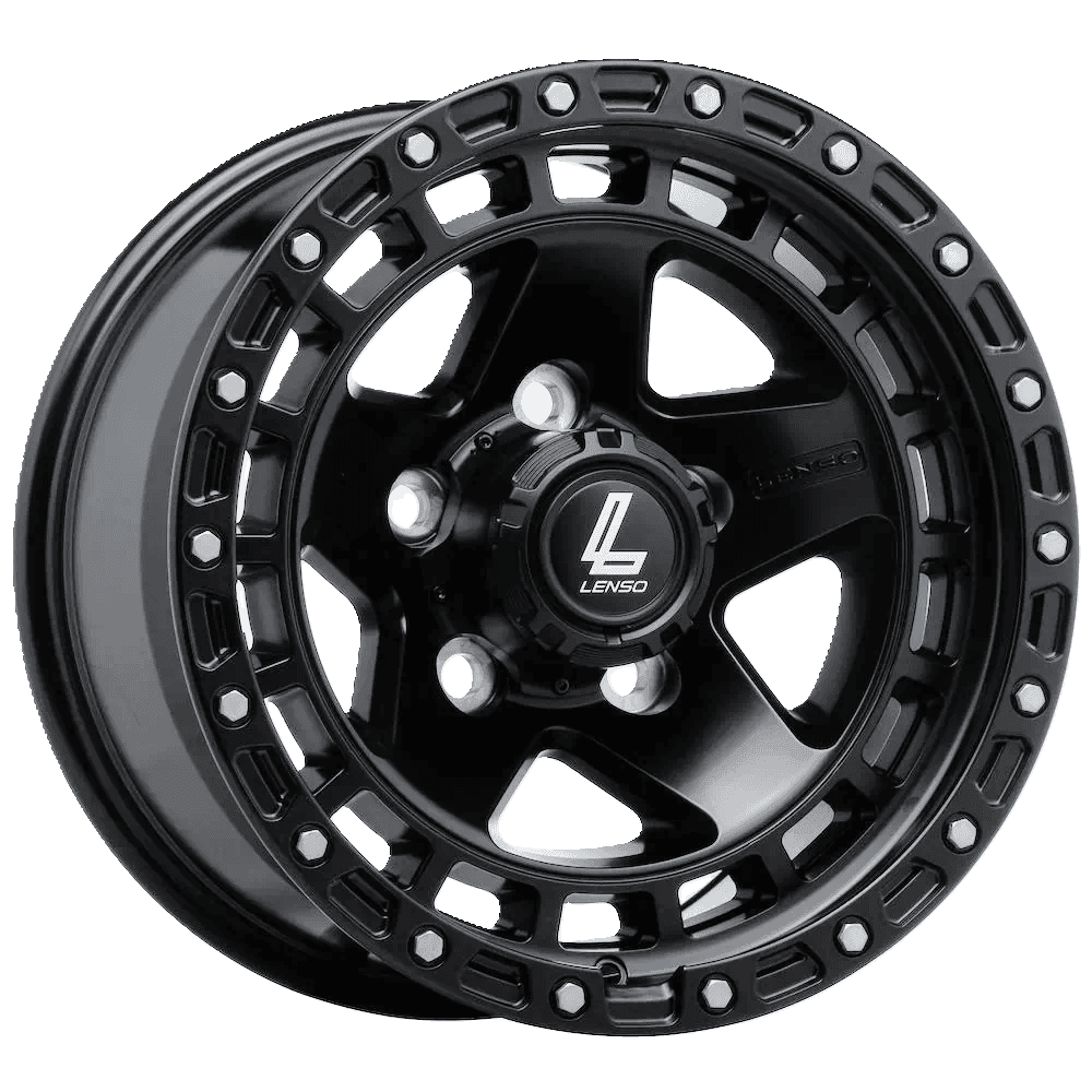 Black alloy wheel with a bold rim design and central hub displaying the Lenso logo.