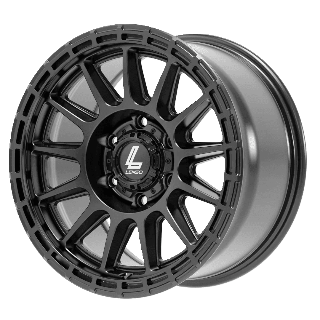 Close-up of a black Lenso alloy wheel with intricate spoke design and branded center cap.