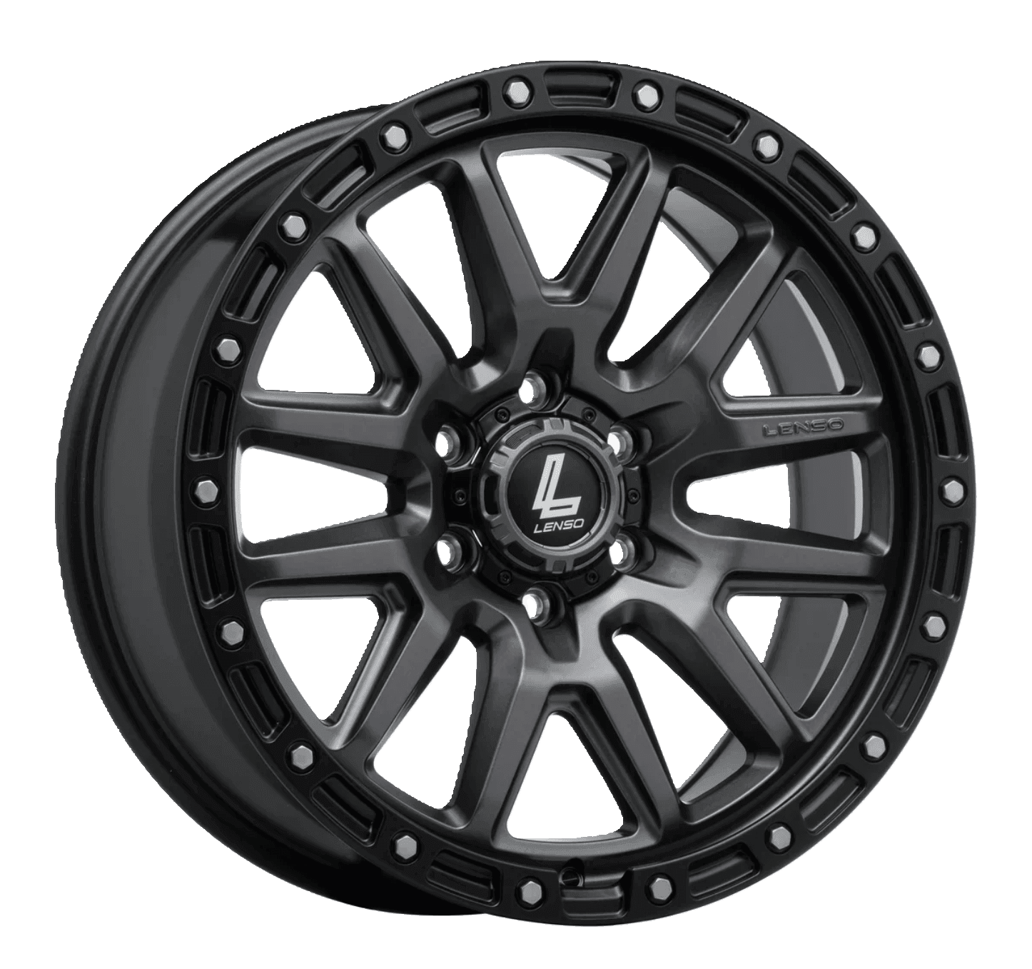 Black alloy wheel with a multi-spoke design and decorative accents on the rim.