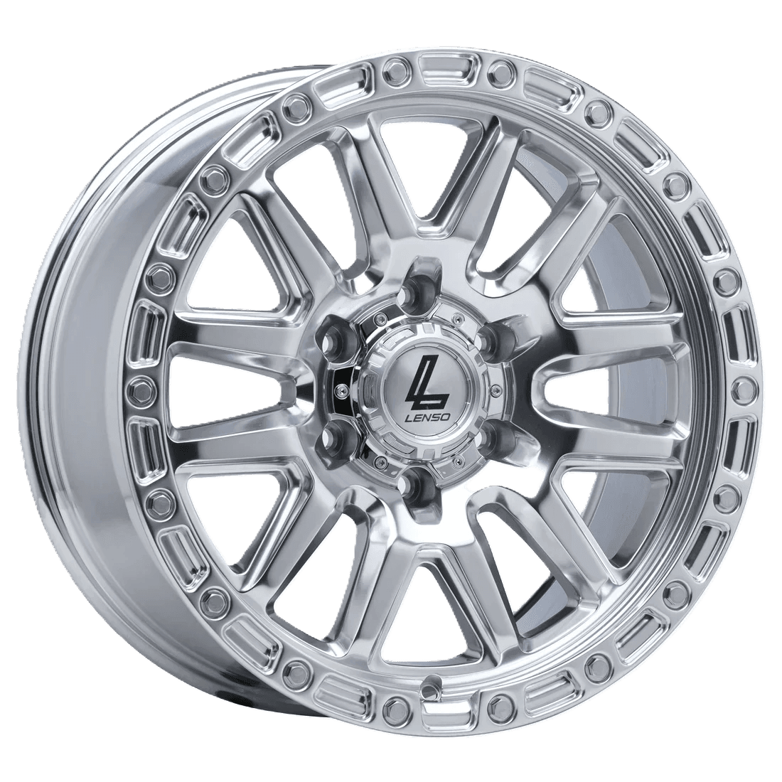 Chrome alloy wheel with intricate spoke design and Lenso logo at the center.