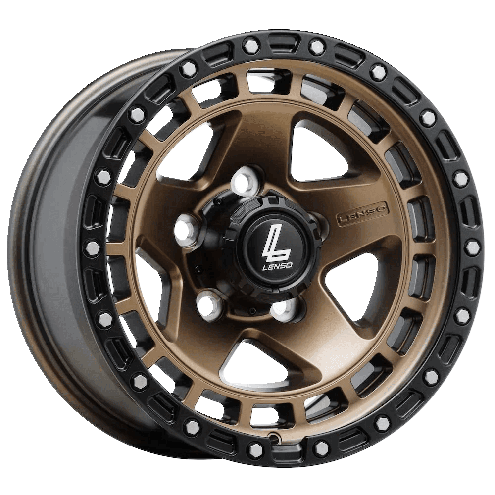 Bronze alloy car wheel rim with multi-spoke design and black center cap.