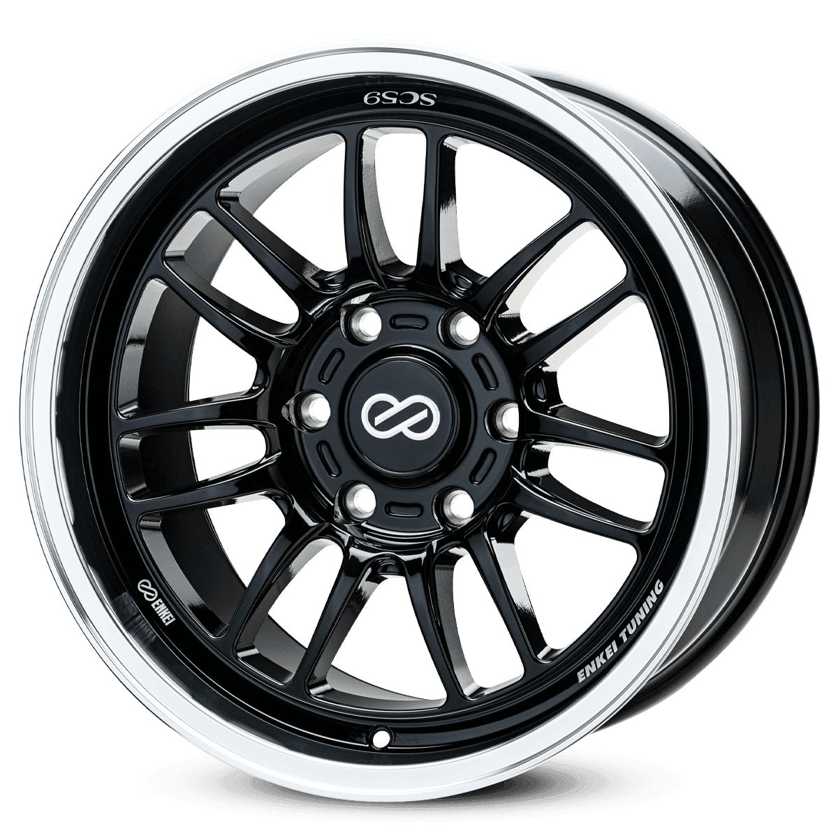Black alloy wheel with multi-spoke design and polished rim, featuring Enkei Tuning branding.