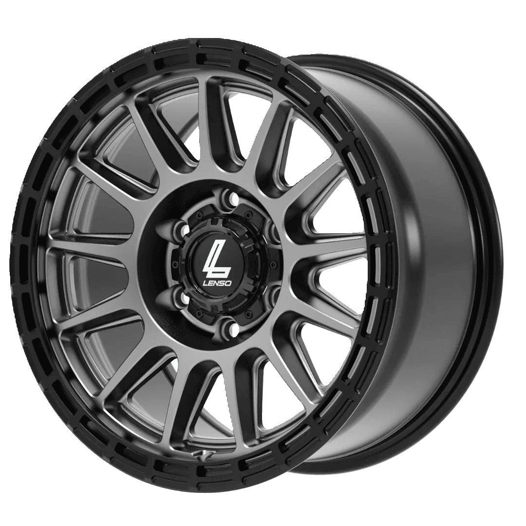 Black alloy wheel rim with multiple spokes and a branded center cap.