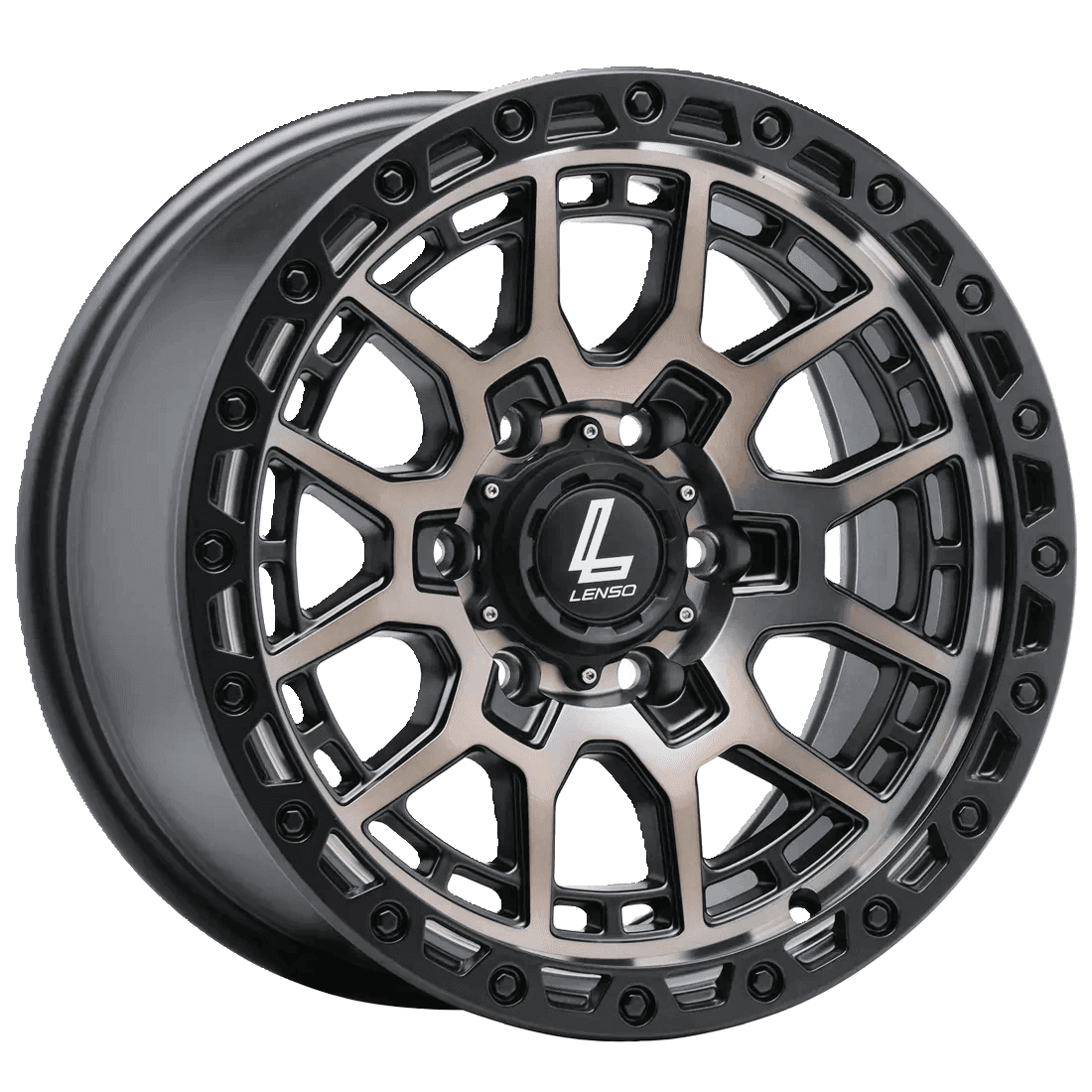 Close-up of a stylish Lenso alloy wheel with intricate design and silver accents.