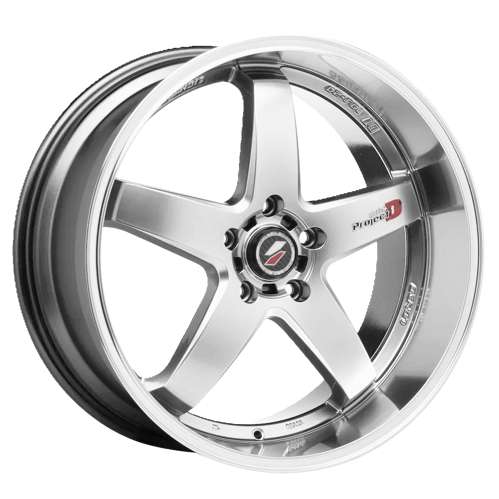 Silver five-spoke car alloy wheel with a sleek design, viewed from an angle.