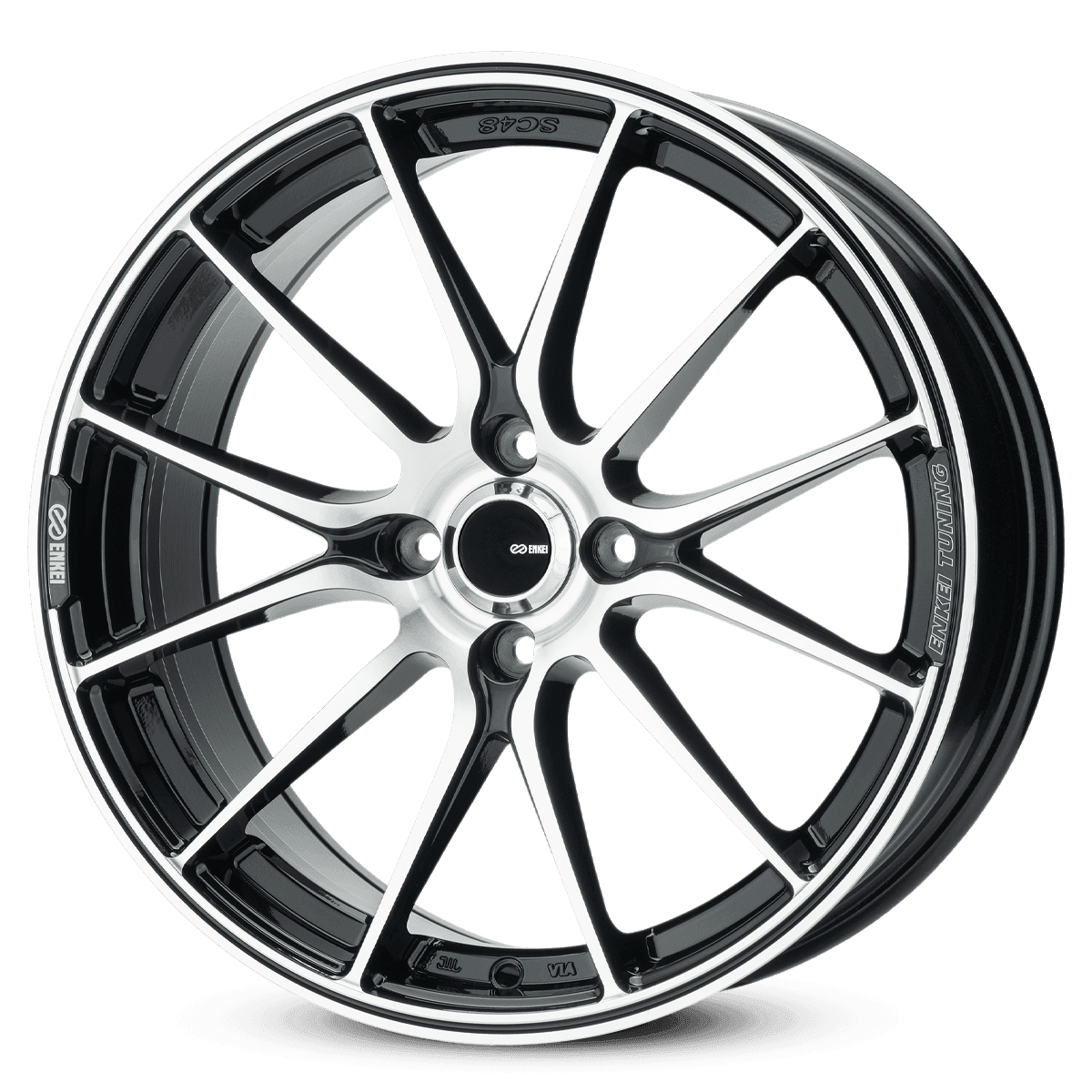 Glossy black and silver alloy wheel with multi-spoke design.