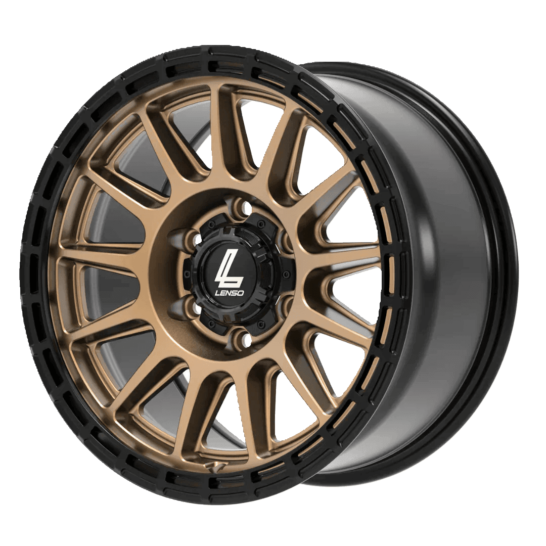 Bronze alloy car wheel rim with black accents and branded center cap.