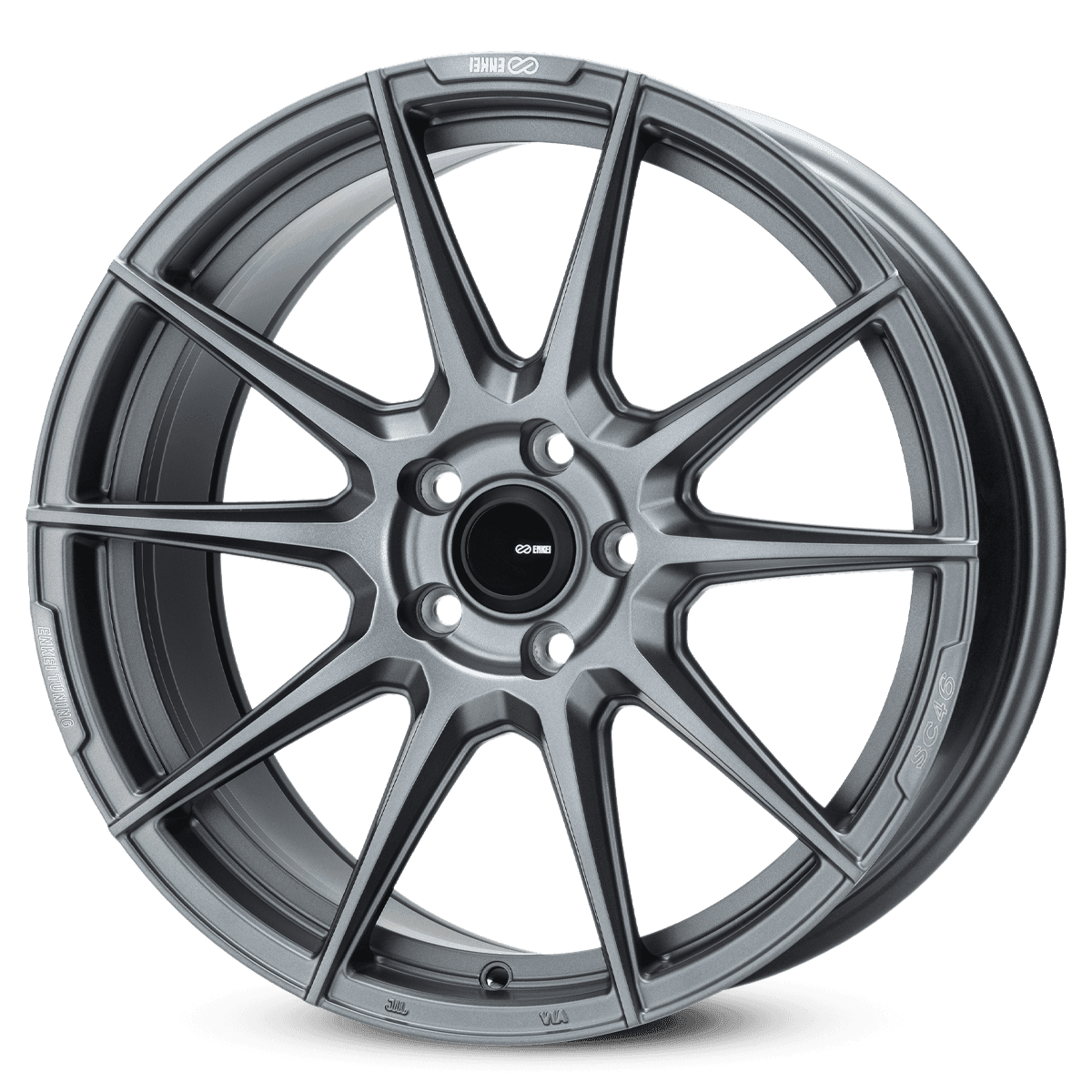Close-up of a matte gray alloy wheel with a multi-spoke design.