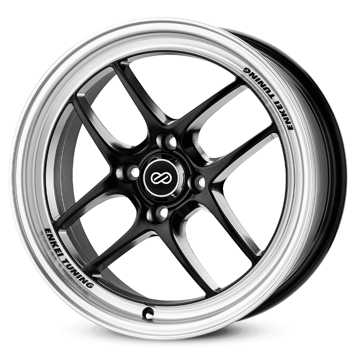 Black and silver alloy wheel with multi-spoke design and Enkei Tuning logo.