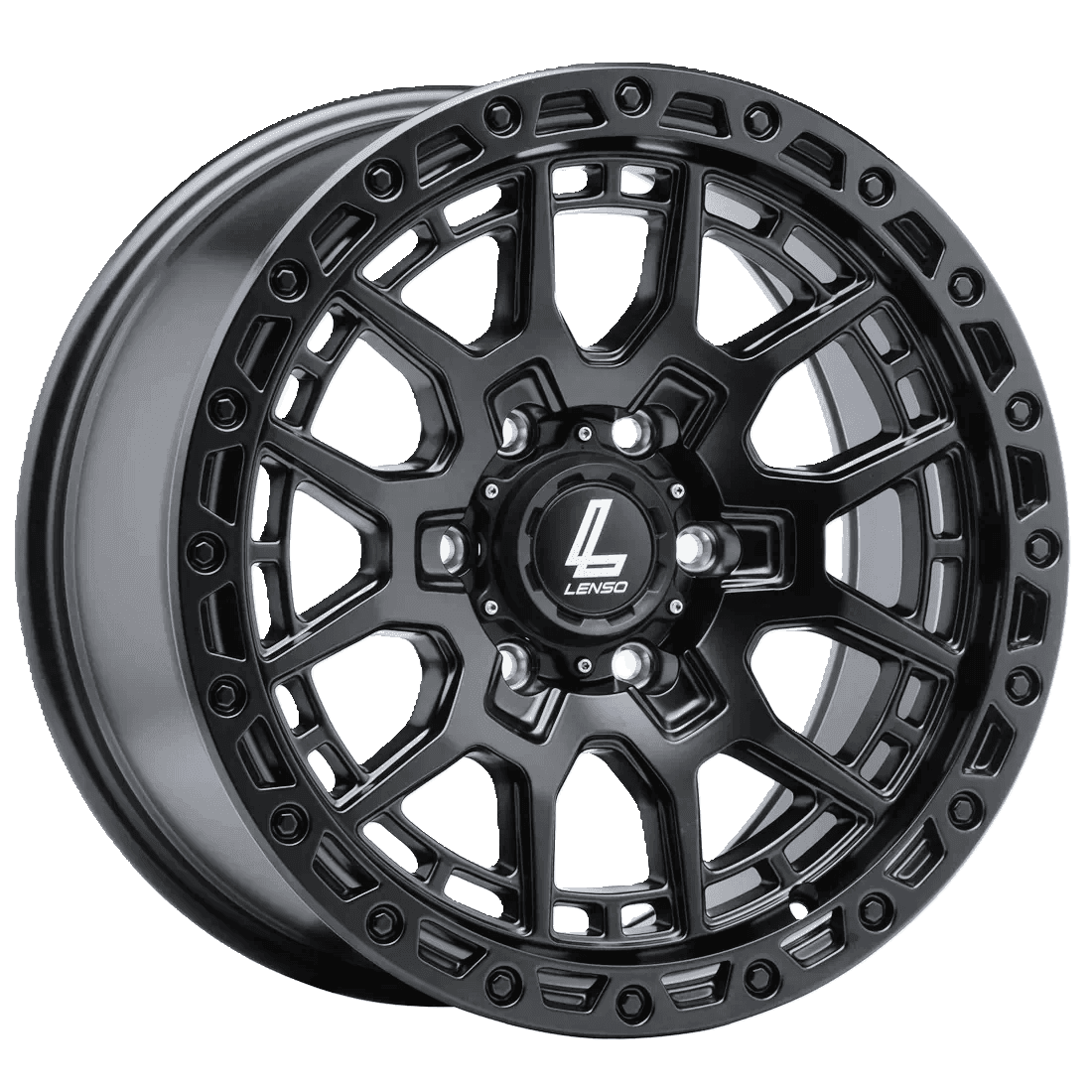 Black alloy wheel with intricate spoke design and branded center cap.
