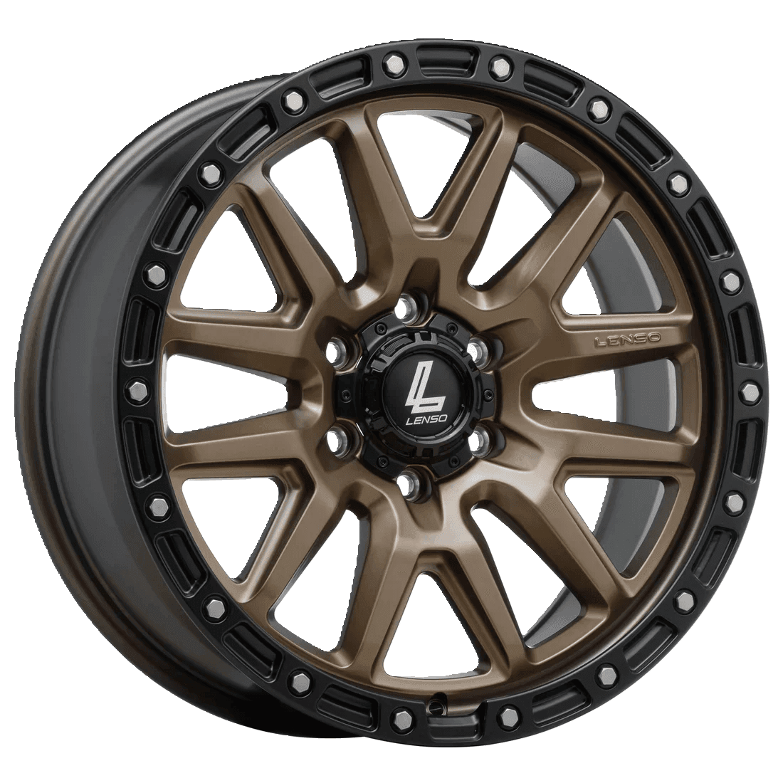 Bronze alloy wheel with black rim and multi-spoke design featuring a central logo.