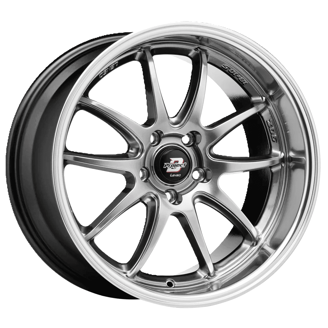 Silver alloy wheel with a multi-spoke design, labeled Project Lenso.