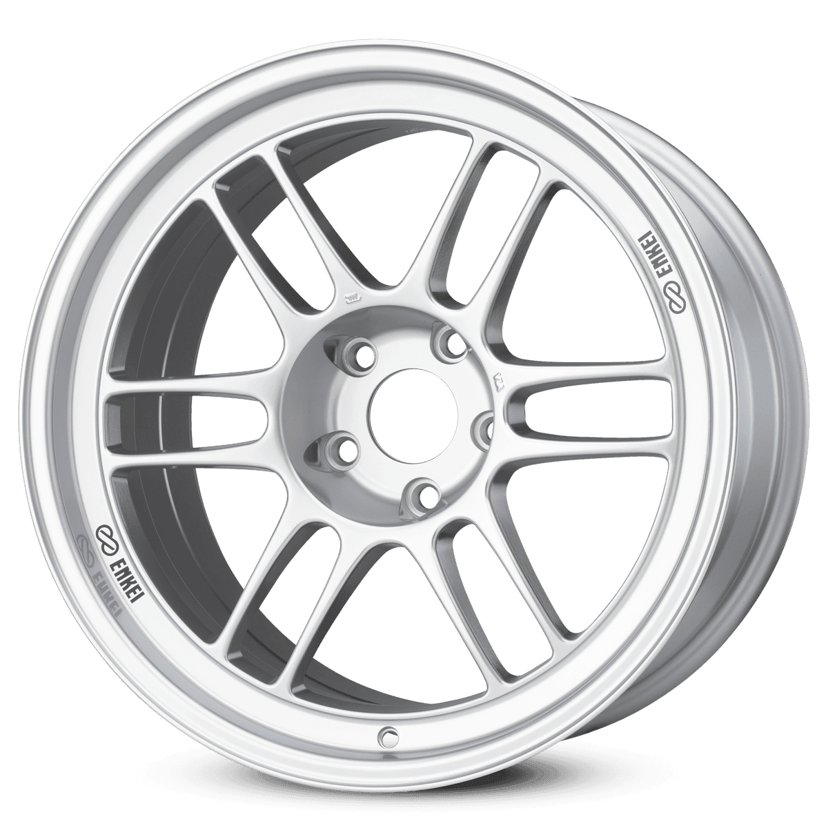 Silver alloy wheel with multiple spokes and a polished finish on a transparent background.