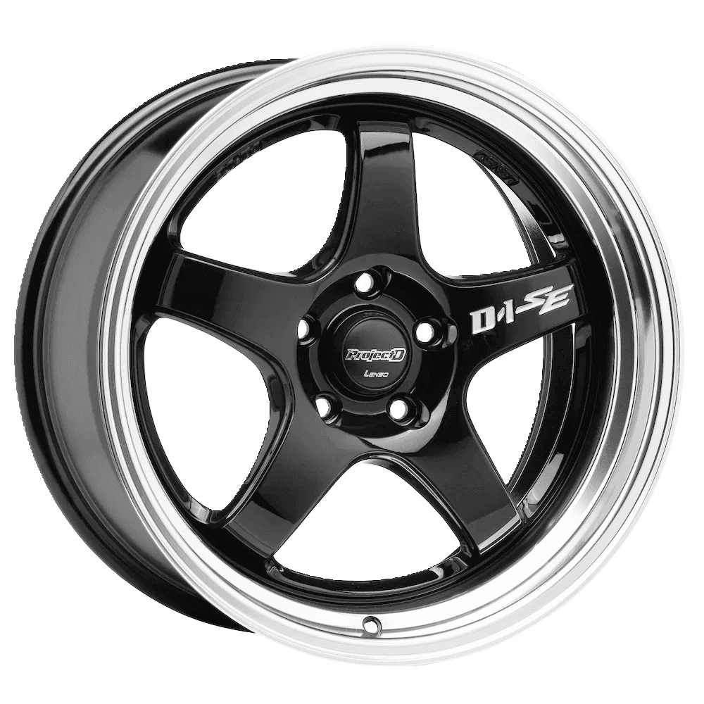 Black alloy wheel with a glossy finish and engraved Project D logo on the spoke.