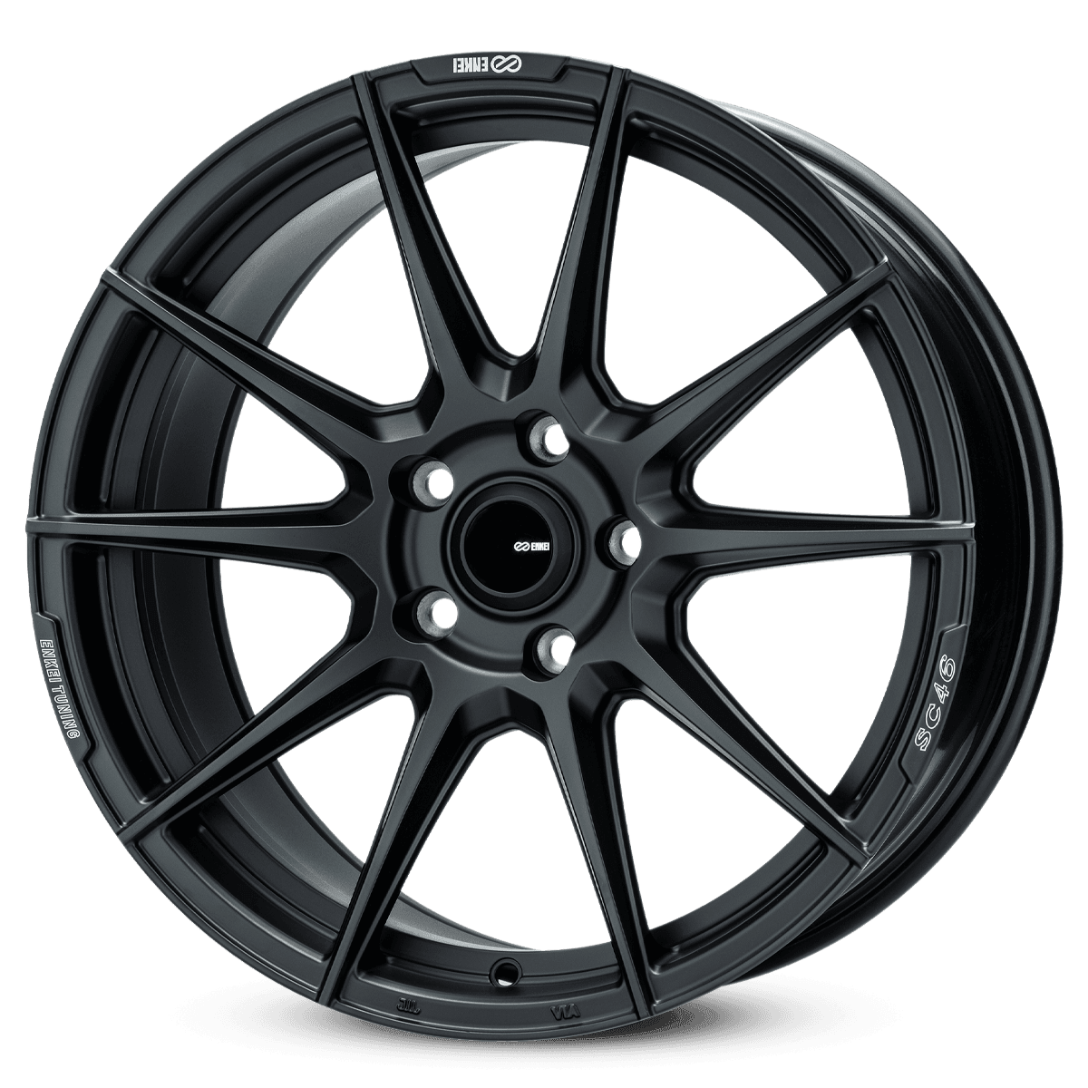 Black alloy car wheel with a multi-spoke design and brand logo in the center.
